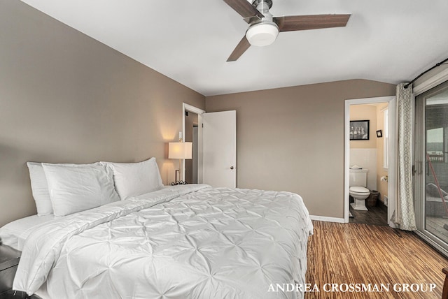 bedroom with wood-type flooring, connected bathroom, vaulted ceiling, and ceiling fan