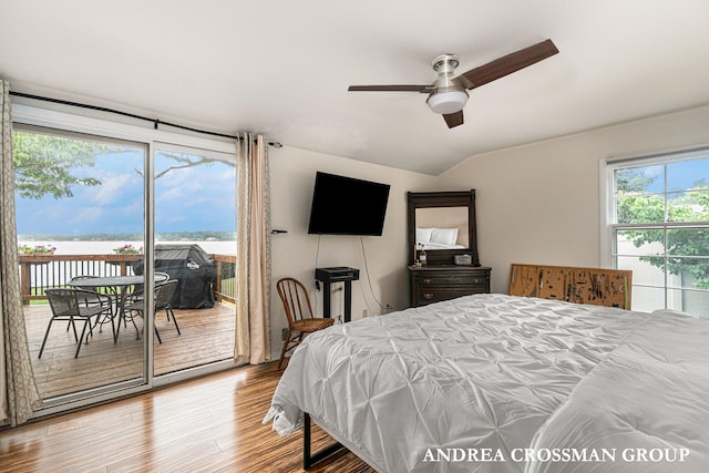 bedroom with wood-type flooring, access to outside, ceiling fan, and lofted ceiling