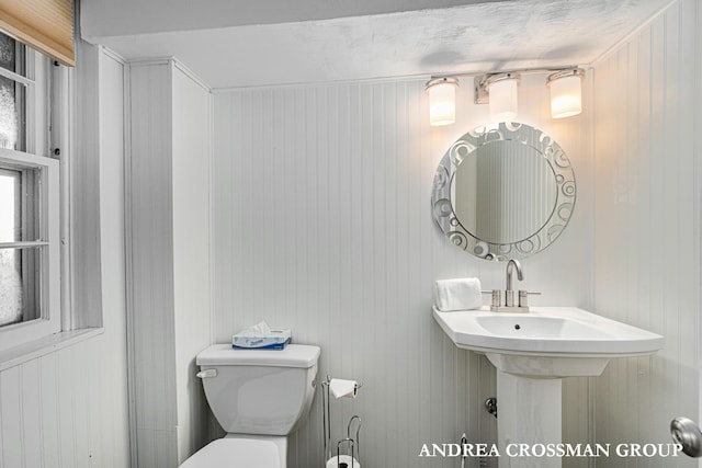 bathroom with toilet and wooden walls