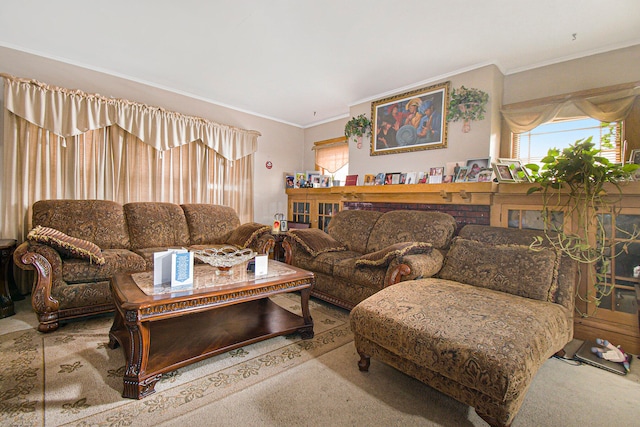 carpeted living room featuring crown molding