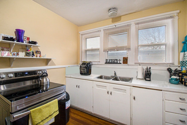 kitchen featuring electric range, a healthy amount of sunlight, white cabinets, and sink