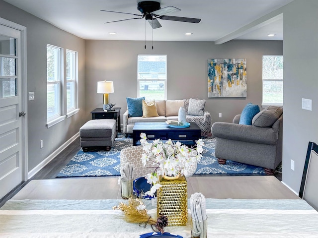 living room featuring hardwood / wood-style flooring and ceiling fan