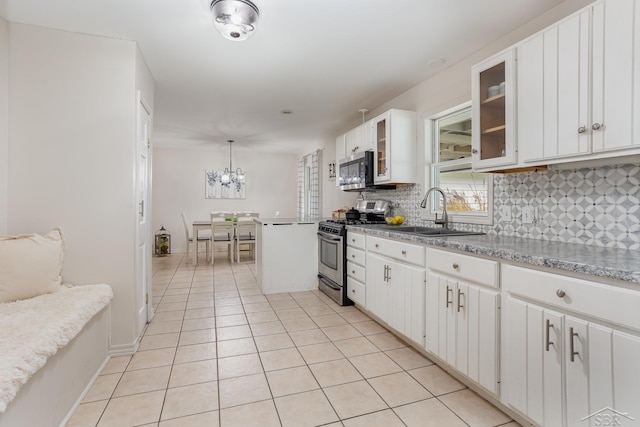 kitchen with white cabinets, sink, hanging light fixtures, and appliances with stainless steel finishes