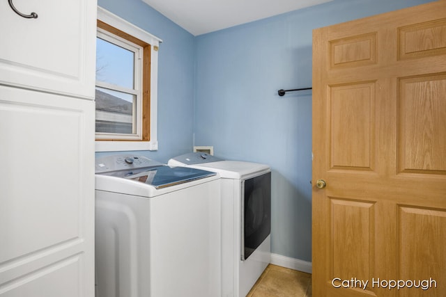 washroom featuring laundry area, baseboards, and washing machine and clothes dryer
