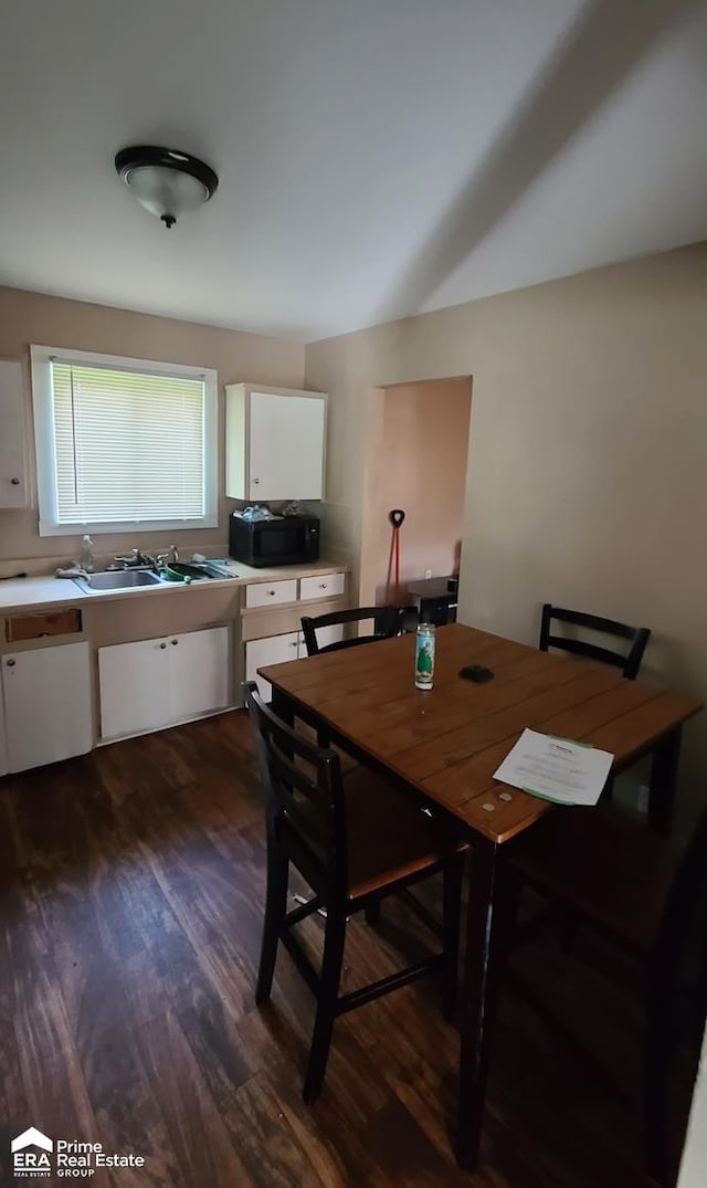 dining space with dark hardwood / wood-style floors and sink