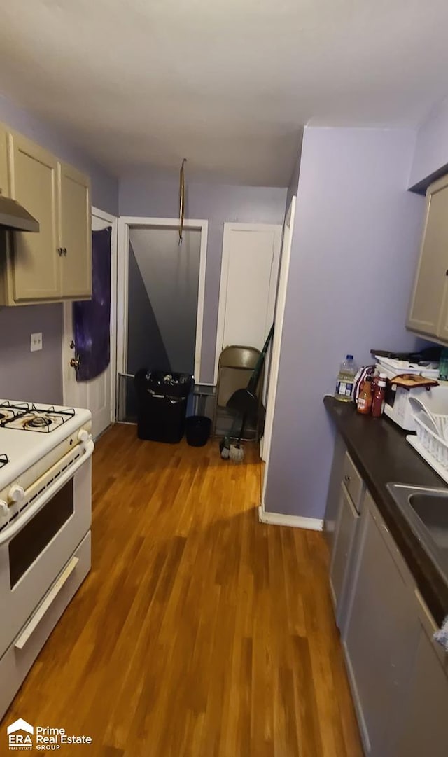 kitchen featuring hardwood / wood-style flooring, extractor fan, sink, and white range with gas cooktop