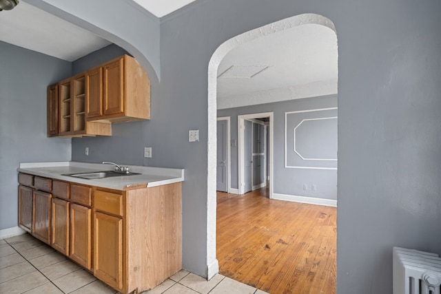 kitchen featuring light wood-type flooring, sink, and radiator