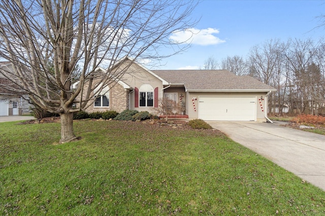 ranch-style house with a garage and a front lawn