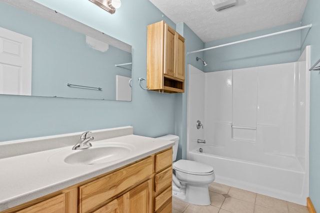 5279 Vinton Rd, Williamsburg, MI 49690 - bathroom with vanity, toilet, tub / shower combination, a textured ceiling, and tile patterned flooring