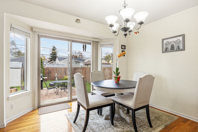 dining room featuring plenty of natural light, an inviting chandelier, and light wood-type flooring