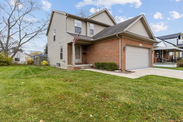 front facade with a garage and a front lawn