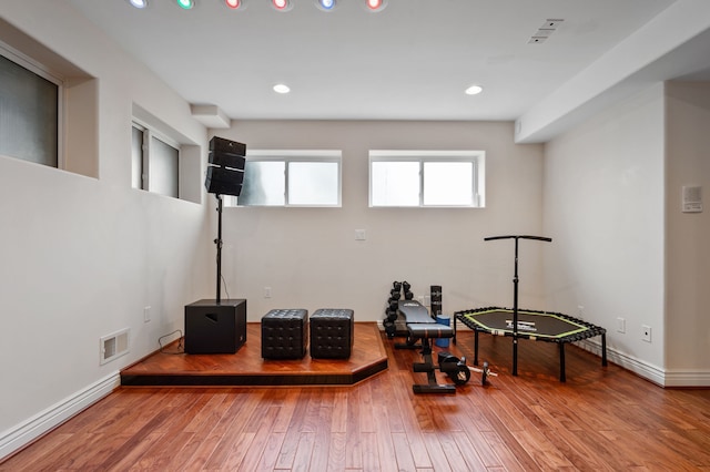 workout room featuring a baseboard radiator and hardwood / wood-style flooring