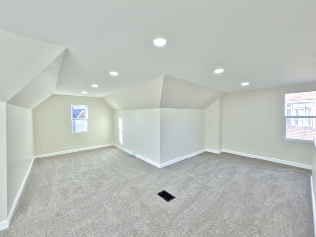 additional living space with light carpet, plenty of natural light, and lofted ceiling