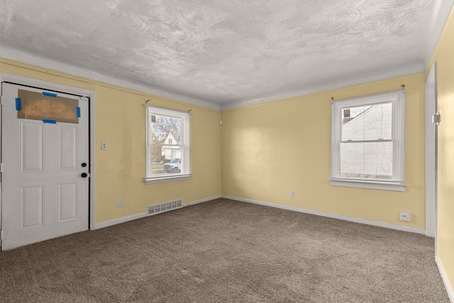 interior space featuring carpet flooring and a textured ceiling