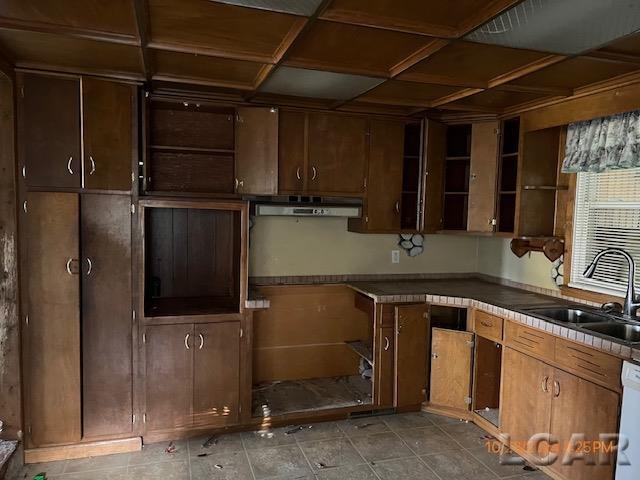 kitchen with dishwasher, sink, and coffered ceiling