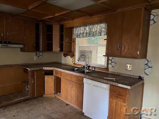 4209 Occidental Hwy, Adrian, MI 49221 - kitchen with dishwasher, a sink, open shelves, under cabinet range hood, and coffered ceiling