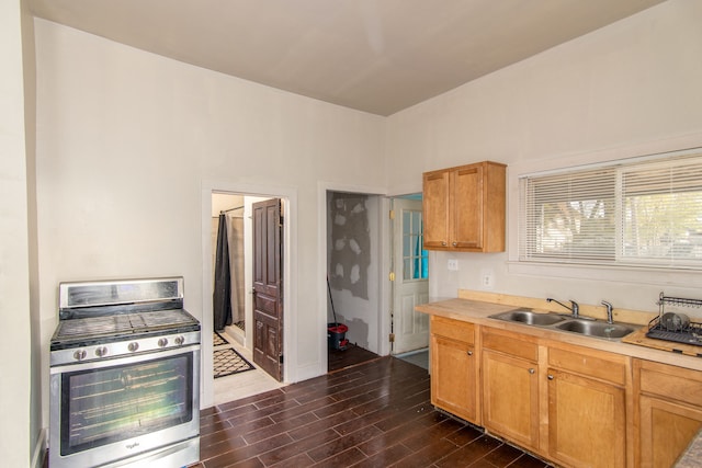 kitchen with gas stove, dark hardwood / wood-style flooring, and sink