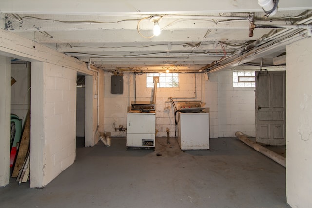 basement with electric panel, a healthy amount of sunlight, and washer / dryer