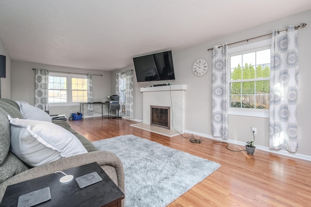 living room with plenty of natural light and wood-type flooring