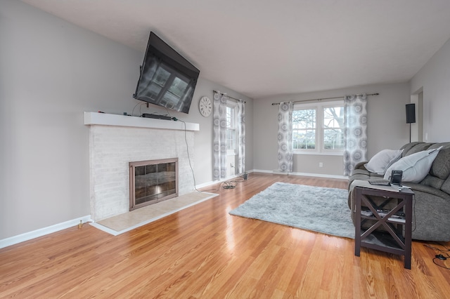 living room with a fireplace and hardwood / wood-style floors