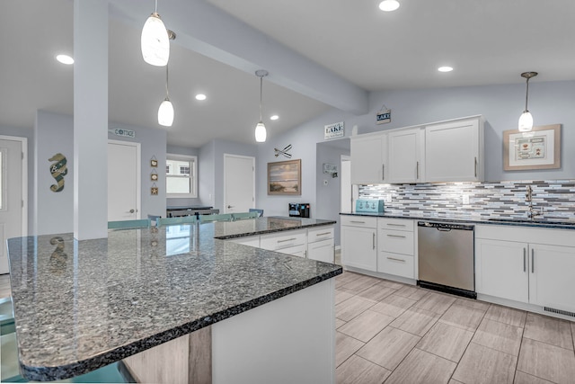 kitchen featuring sink, white cabinetry, hanging light fixtures, lofted ceiling with beams, and stainless steel dishwasher