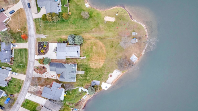 aerial view featuring a water view