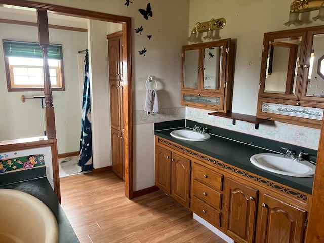 bathroom featuring hardwood / wood-style flooring, vanity, and a bathing tub