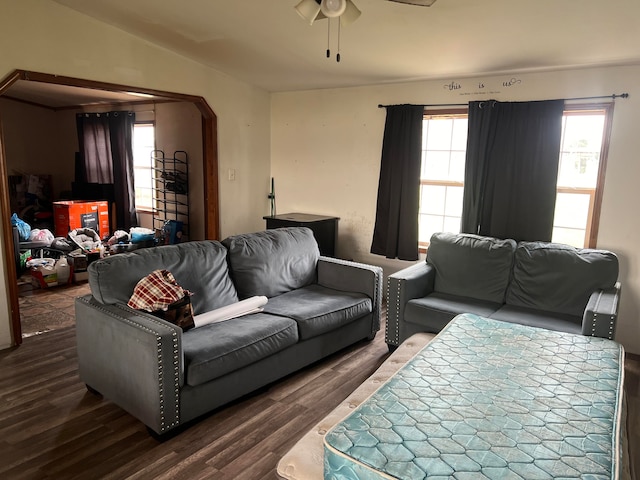 living room featuring lofted ceiling, ceiling fan, and dark hardwood / wood-style floors