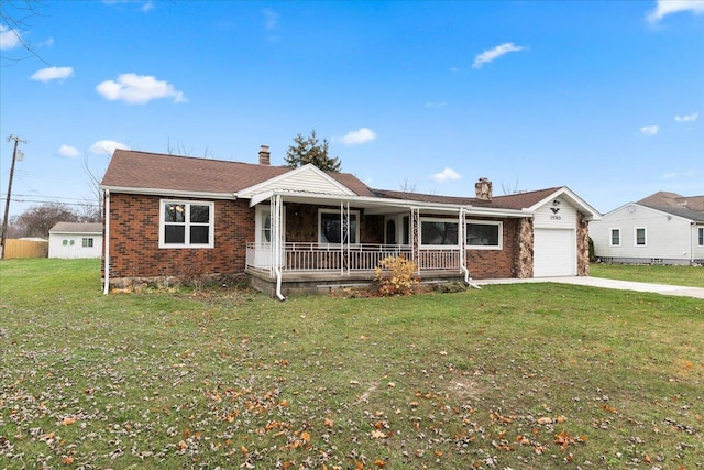 ranch-style house with brick siding, a chimney, a porch, concrete driveway, and a front lawn