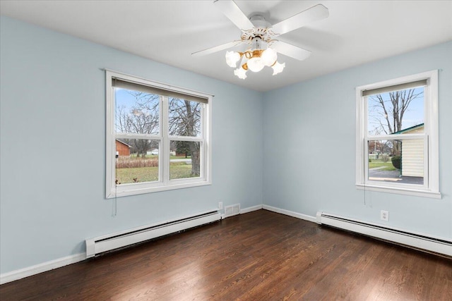 unfurnished room featuring dark wood-style floors, a healthy amount of sunlight, and baseboard heating