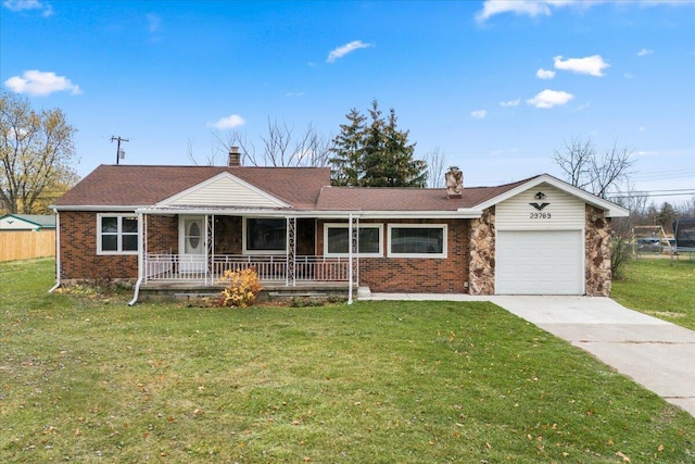 ranch-style house with driveway, a chimney, covered porch, a front lawn, and brick siding