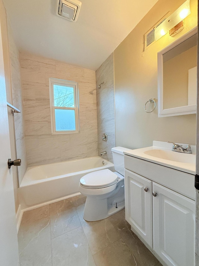 bathroom with toilet, visible vents, vanity, marble finish floor, and shower / bathing tub combination