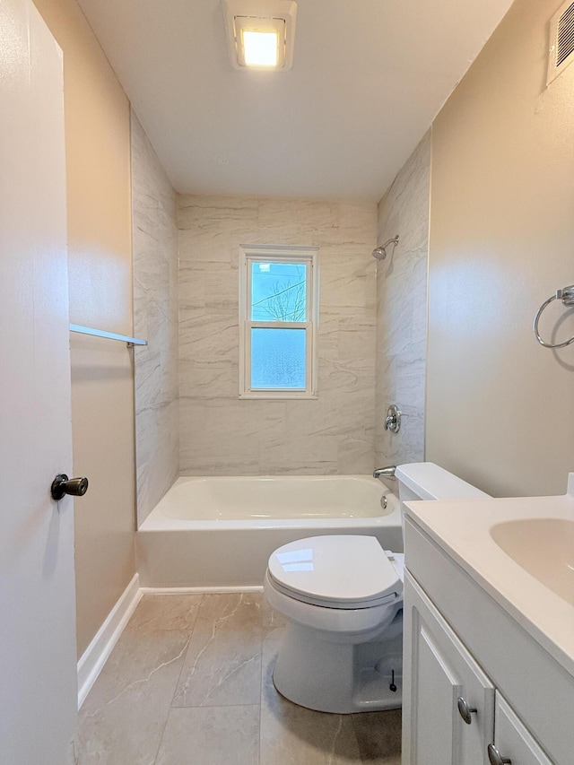 bathroom featuring baseboards, visible vents, toilet, vanity, and shower / bathing tub combination