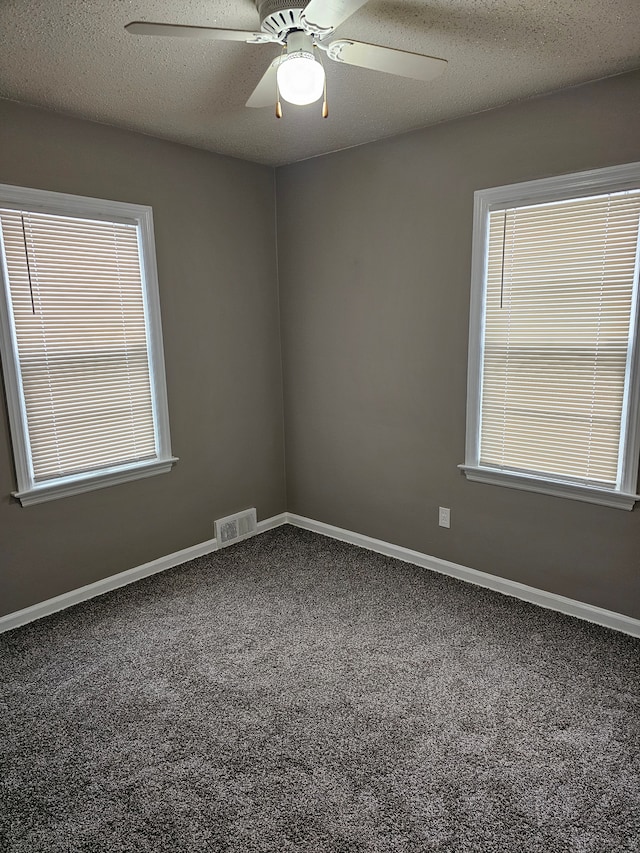 carpeted empty room featuring a textured ceiling, plenty of natural light, and ceiling fan