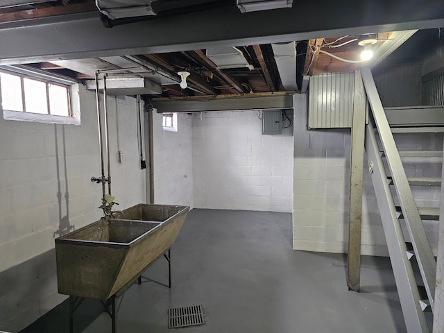 basement with electric panel and sink