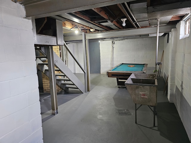 basement featuring sink and pool table