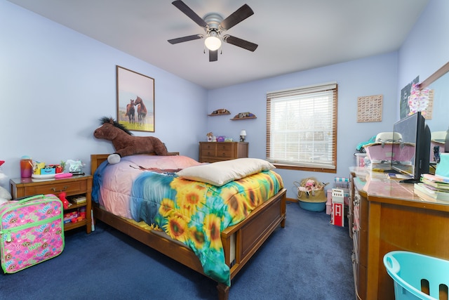 bedroom with dark carpet and ceiling fan