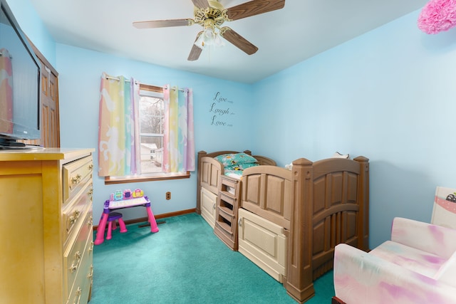 carpeted bedroom with ceiling fan