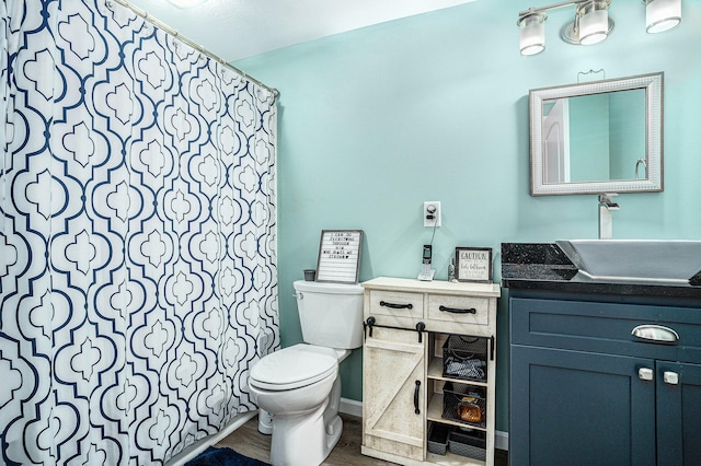 bathroom featuring vanity, toilet, and wood finished floors