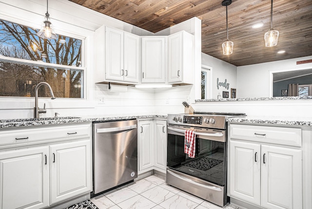 kitchen with wooden ceiling, stainless steel appliances, a sink, white cabinets, and pendant lighting