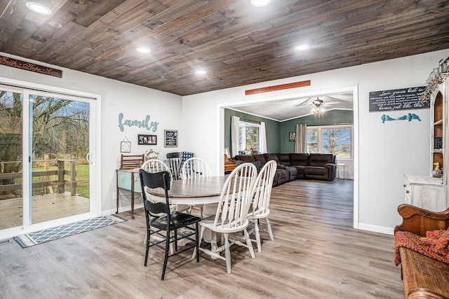 dining area with wooden ceiling, recessed lighting, a ceiling fan, baseboards, and light wood-style floors