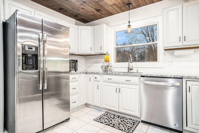 kitchen with appliances with stainless steel finishes, a sink, wood ceiling, and white cabinets