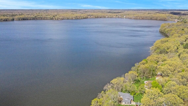 bird's eye view with a wooded view and a water view