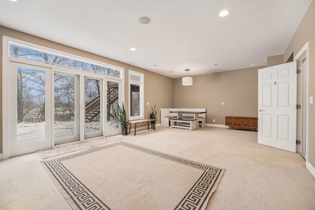 unfurnished room featuring recessed lighting, baseboards, and carpet floors