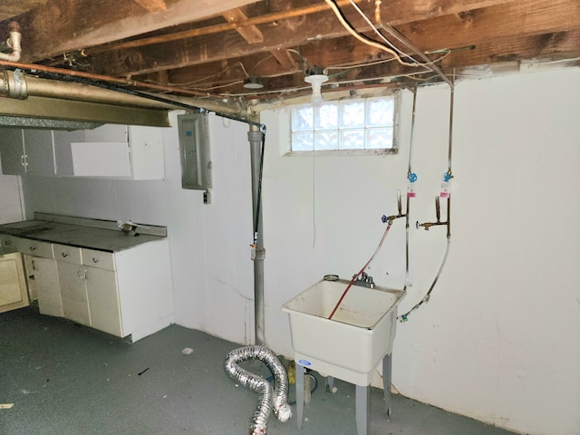 basement with electric panel and sink