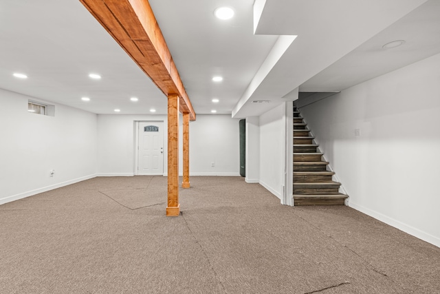 3897 Sand Rd, Port Austin, MI 48467 - finished basement with recessed lighting, carpet flooring, baseboards, and stairway