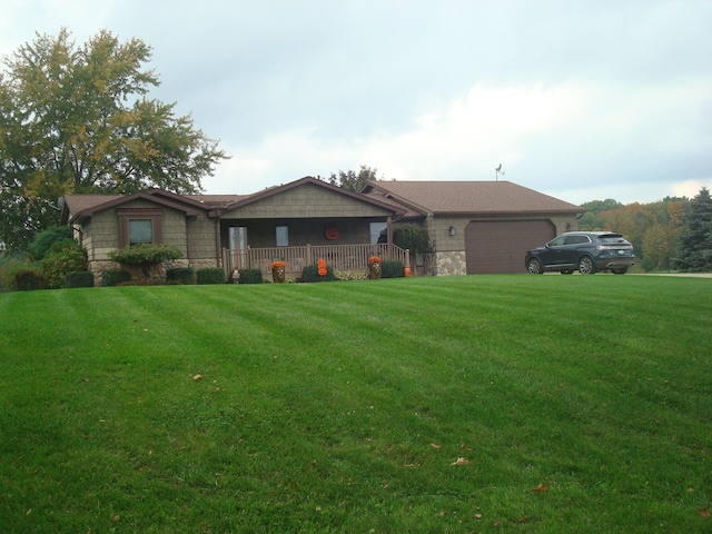 14600 W Diane Dr, Camden, MI 49232 - ranch-style home featuring stone siding, a garage, and a front yard