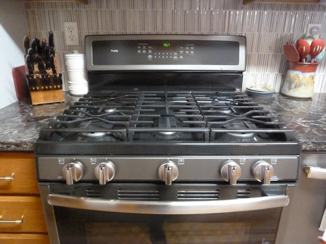 interior details with dark stone countertops and stainless steel gas range