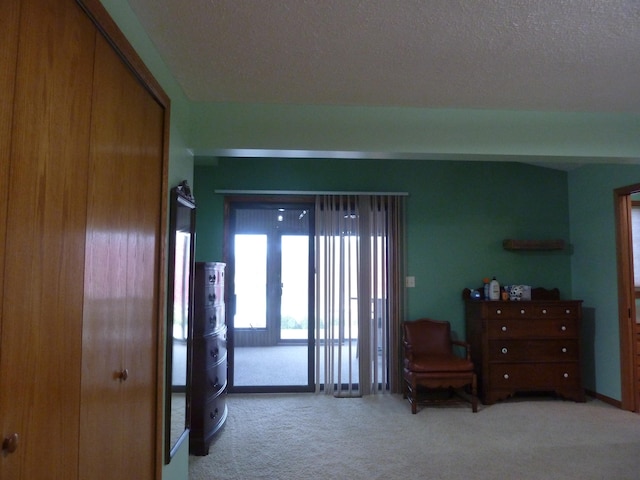 interior space with a textured ceiling and light colored carpet