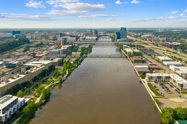 drone / aerial view with a water view